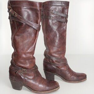 Frye Jane Strappy Brown Leather Women's High Riding Booties Boots Size 6 B